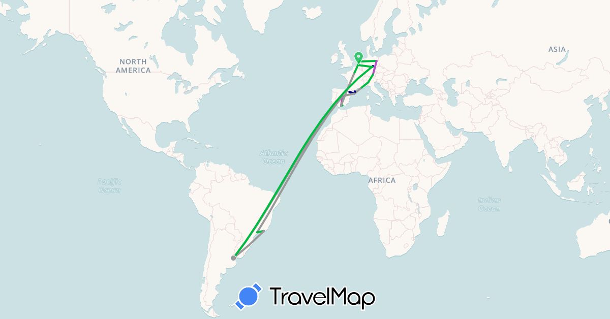 TravelMap itinerary: driving, bus, plane, train in Argentina, Belgium, Brazil, Germany, Spain, France, Italy, Netherlands (Europe, South America)